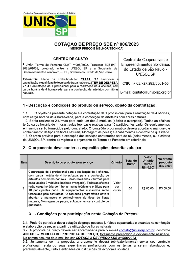 COTAÇÃO DE PREÇO SDE nº 006/23